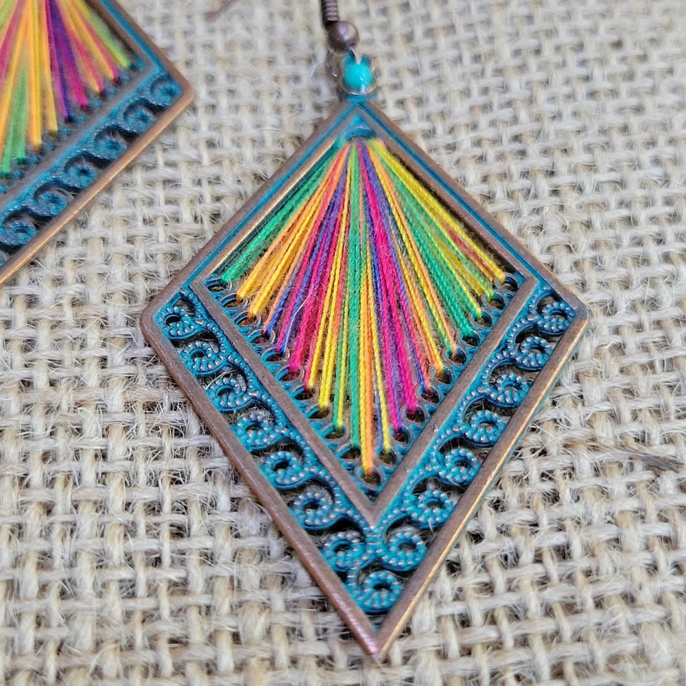 Verdigris turquoise inspired bohemian string art dangle earrings - Picture 2 of 3
